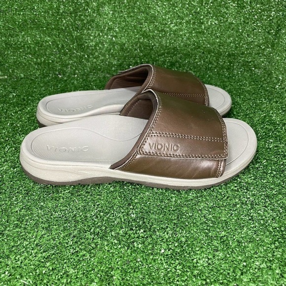 Mens Vionic Stanley Brown Leather Orthotic Slide Comfort Sandals US Size 7 - Picture 1 of 10
